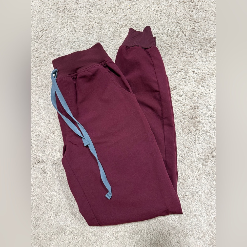 Figs Women's Track Joggers in Burgundy with Light Blue Drawstring
